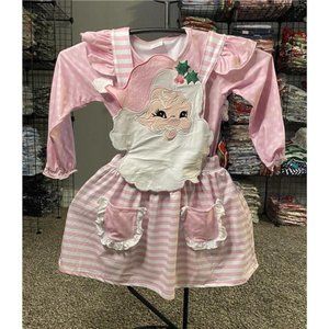New Pink & White Embroidered Santa 2-Piece Christmas Dress w/Long Sleeve Shirt